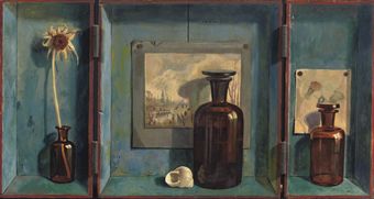 A still life with dispenser bottles an a snail's shell - a triptych  